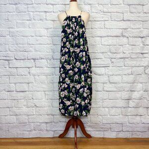 J by JOA Navy Blue Floral Pleated Maxi Dress